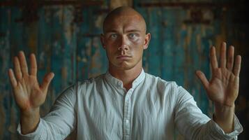 Young man with shaved head stands in rustic setting, hands out in plea or surrender photo