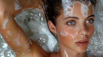 A womans face is covered in soapy bubbles while taking a relaxing bath photo