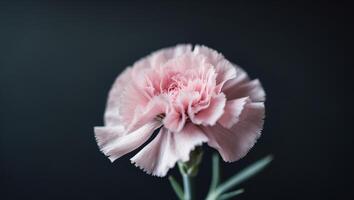 Delicate Pink Carnation Flower with Green Stem on Black Background for Nature and Floral Themes photo