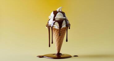 Vanilla Ice Cream Cone Dripping with Chocolate Sauce on Yellow BackgroundVanilla Ice Cream Cone Dripping with Chocolate Sauce on Yellow Background. photo
