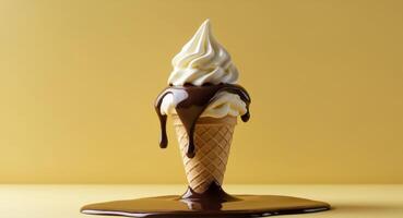 Delicious Vanilla Ice Cream Cone Dripping with Chocolate Sauce on Yellow BackgroundDelicious Vanilla Ice Cream Cone Dripping with Chocolate Sauce on Yellow Background. photo