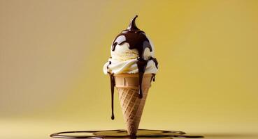 Vanilla Ice Cream Cone Dripping with Chocolate Sauce on Yellow Background photo