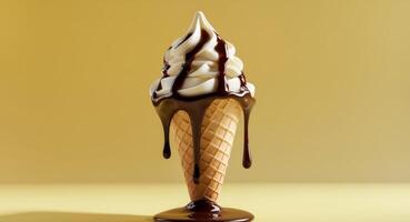 Delicious Vanilla Ice Cream Cone Dripping with Chocolate Sauce on Yellow Background photo