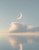 Peaceful cloud over reflective ocean with crescent moon in tranquil skyPeaceful cloud over reflective ocean with crescent moon in tranquil sky. photo