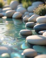 Serene water feature with smooth stones creating a tranquil ambiance for gardens and outdoor spaces photo