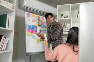 Design team discussing creative strategies in a collaborative workspace, presenting ideas on a colorful mood board photo