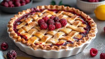 A delicious pie with a lattice crust, filled with raspberries and blackberries photo