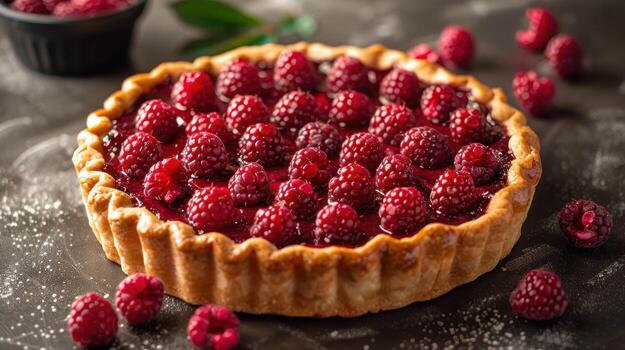 A delicious raspberry tart with a flaky crust, nestled on a rustic surface photo