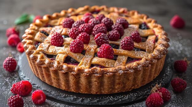 A delicious raspberry pie with a flaky crust, dusted with powdered sugar photo