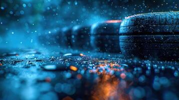 A row of tires sits on a wet asphalt surface, illuminated by the reflection of raindrops photo