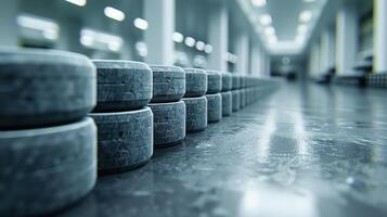 Hockey pucks stacked in rows on a smooth, reflective surface photo