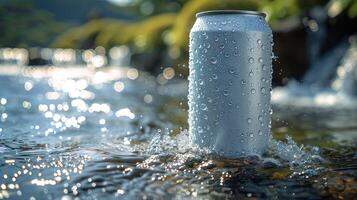 A chilled can of beverage sits in a rushing stream, covered in condensation photo