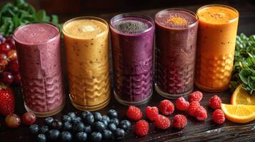 Freshly blended smoothies, bursting with color and flavor, sit ready for enjoyment photo