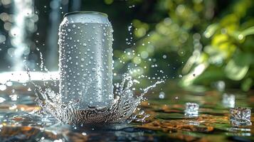 A chilled can of beverage creates a refreshing splash in a pool of clear water photo