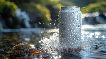 A can sits in a river, water droplets clinging to its surface photo