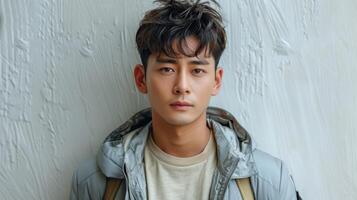 A man with dark hair and a thoughtful expression stands against a textured white wall photo