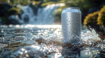 A silver can sits in a small stream, surrounded by bubbles and sunlight photo