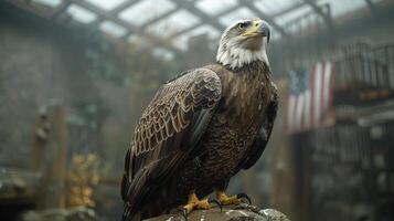 A bald eagle stands with its head turned to the side, watching something off-camera photo