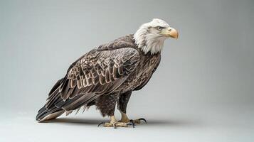 A bald eagle stands on a plain background, its white head tilted slightly photo