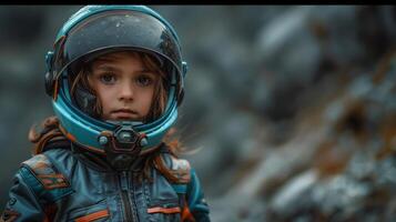 A young child in a blue helmet looks forward with a serious expression photo