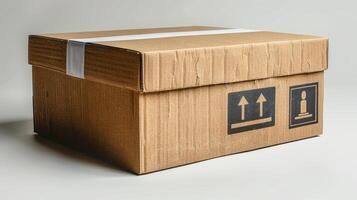 Cardboard box with white tape, arrows, and an info symbol photo