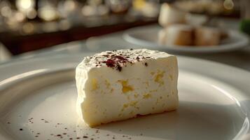 Close-up of a creamy cheese wedge on a white plate photo