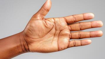 A close-up image of an outstretched hand with fingers spread, palm facing the viewer photo