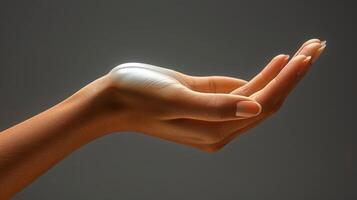 A close-up image of a hand with lotion applied, palm up and fingers slightly curled photo
