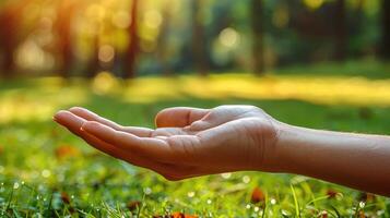 A hand extended towards the sun, resting on green grass in a forest photo