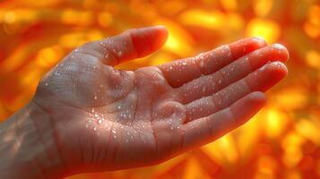 A hand with water droplets on it against a blurry background of orange photo