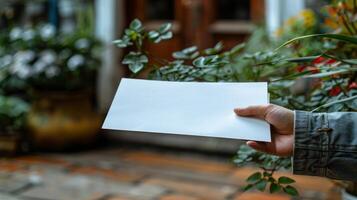 Hand holds blank card against vibrant green backdrop photo