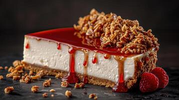 A slice of cheesecake with a red glaze, crunchy topping, and raspberries photo