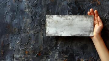 A hand holds a blank, weathered canvas against a dark textured background photo
