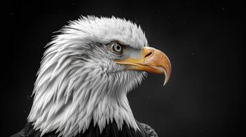 A close-up portrait of a bald eagle, showcasing its distinctive white head and sharp beak photo