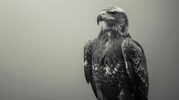 A close-up of a bald eagle standing in a hazy, misty environment photo