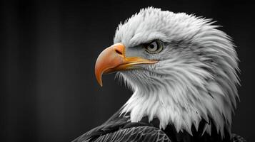 A close-up of a bald eagles head, its sharp eyes staring intently into the distance photo