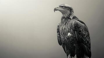 A majestic bald eagle stands tall against a hazy, morning sky photo