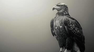 An eagle stands tall in a soft, hazy atmosphere photo