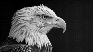 A close-up portrait of a bald eagles face in black and white photo