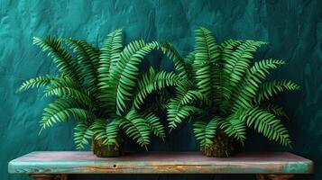 Two lush ferns sit on a weathered wooden table against a vibrant teal wall photo