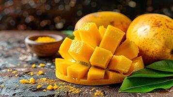 A ripe mango sliced into cubes on a rustic wooden surface photo