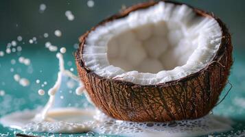 A coconut shell spills its milky contents, creating a burst of white on a teal backdrop photo