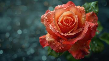 A close-up of a single rose with dew drops photo