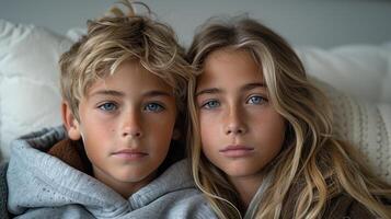 Siblings with bright blue eyes relax together on a comfortable couch photo