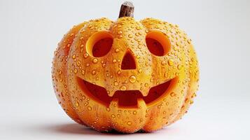 A smiling pumpkin covered in glistening raindrops awaits Halloween festivities photo