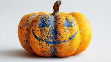 A vibrant pumpkin decorated with a playful smile for Halloween festivities photo