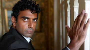 A man in formal attire stands pensively, hand on the wall, deep in thought photo