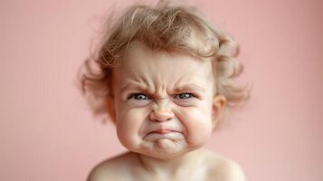 A toddler shows a fierce expression with pouting lips and furrowed brows photo