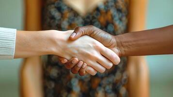 Two individuals shake hands, their diverse skin tones symbolizing unity and connection photo