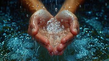 Hands reach out to catch the falling rain, forming a small pool of water photo